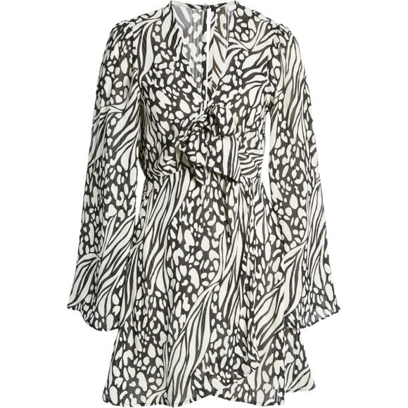 NWT TopShop Knot Front Bell Sleeve Mini Dress Black & White Groovy Print Size 4 - Picture 1 of 14